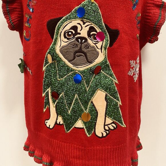 UGLY CHRISTMAS Sweater Vest M Pug Dog Embellished Sequin Metallic Knit Holiday - Picture 4 of 16
